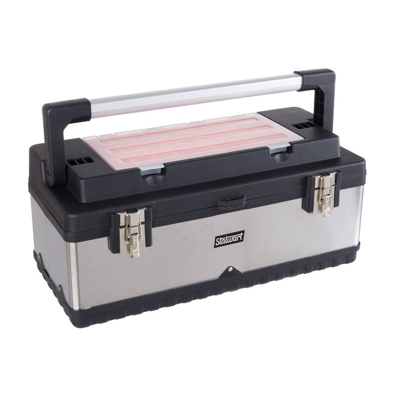 Tool Box with 18 Bins and Removable Tray - Portable Metal and Plastic Tool Tote with Ergonomic Handle by Stalwart - Black