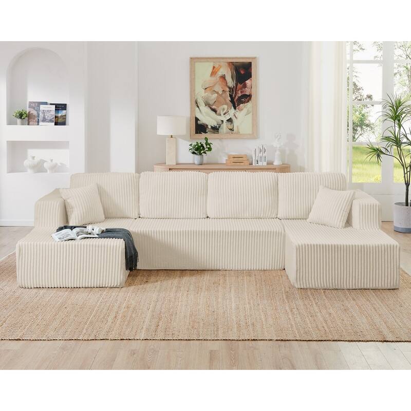 Modern Minimalist U-Shaped Modular Corduroy Sectional Sofa - Compressed, Space-Efficient Sleeper Couch for Living Room & Bedroom