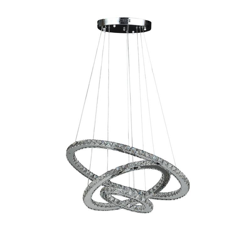 Modern Crystal Chandelier - Adjustable Height, Remote Dimmer, Triple Hoop Ceiling Light - 47.2