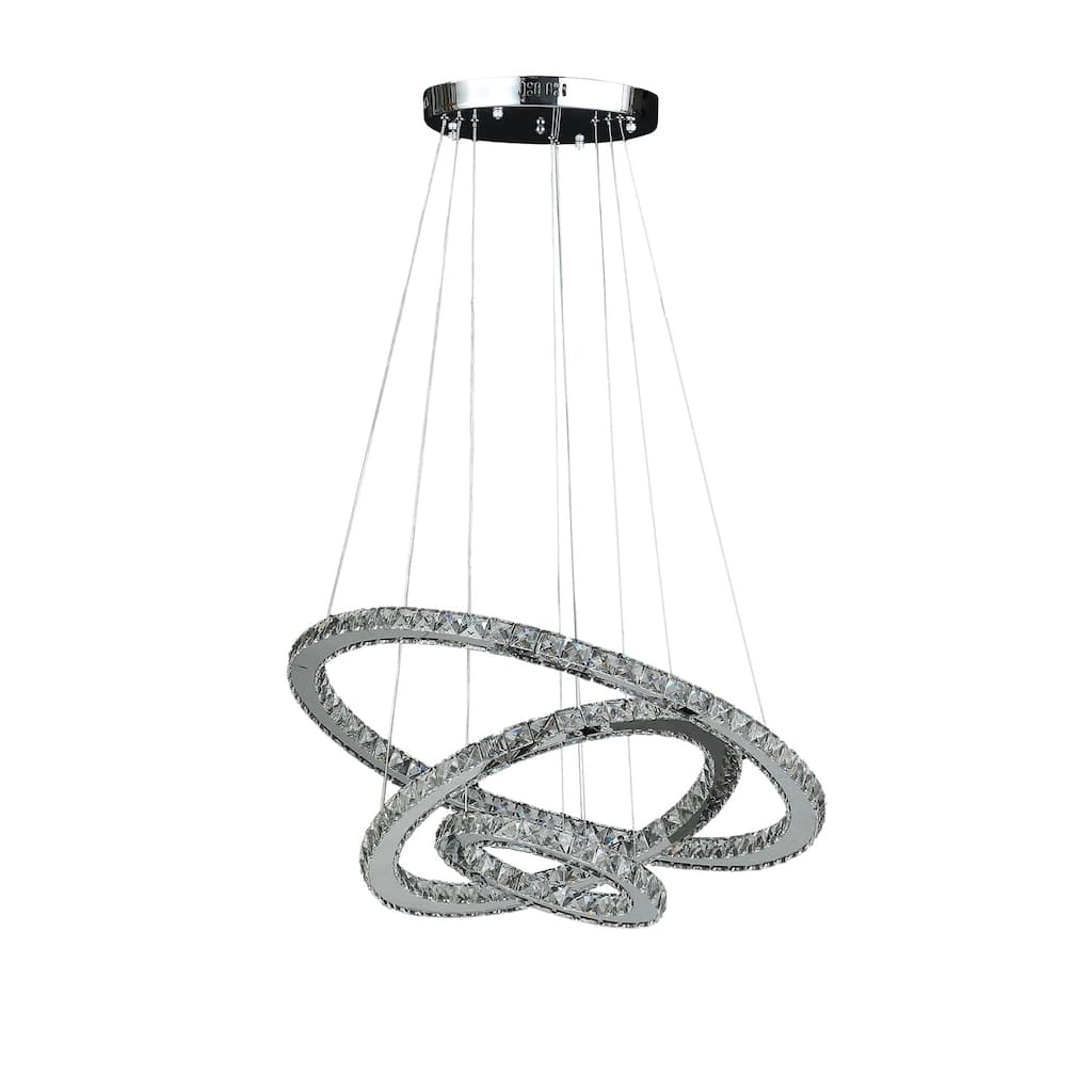 Modern Crystal Chandelier - Adjustable Height, Remote Dimmer, Triple Hoop Ceiling Light - 47.2