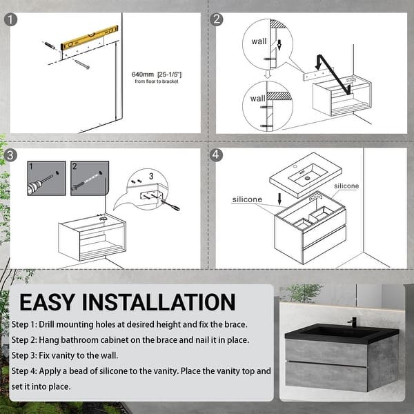 dimension image slide 0 of 5, GDFStudio - Carter Floating Bathroom Vanity with Quartz Sand Countertop & Soft-Close Drawers
