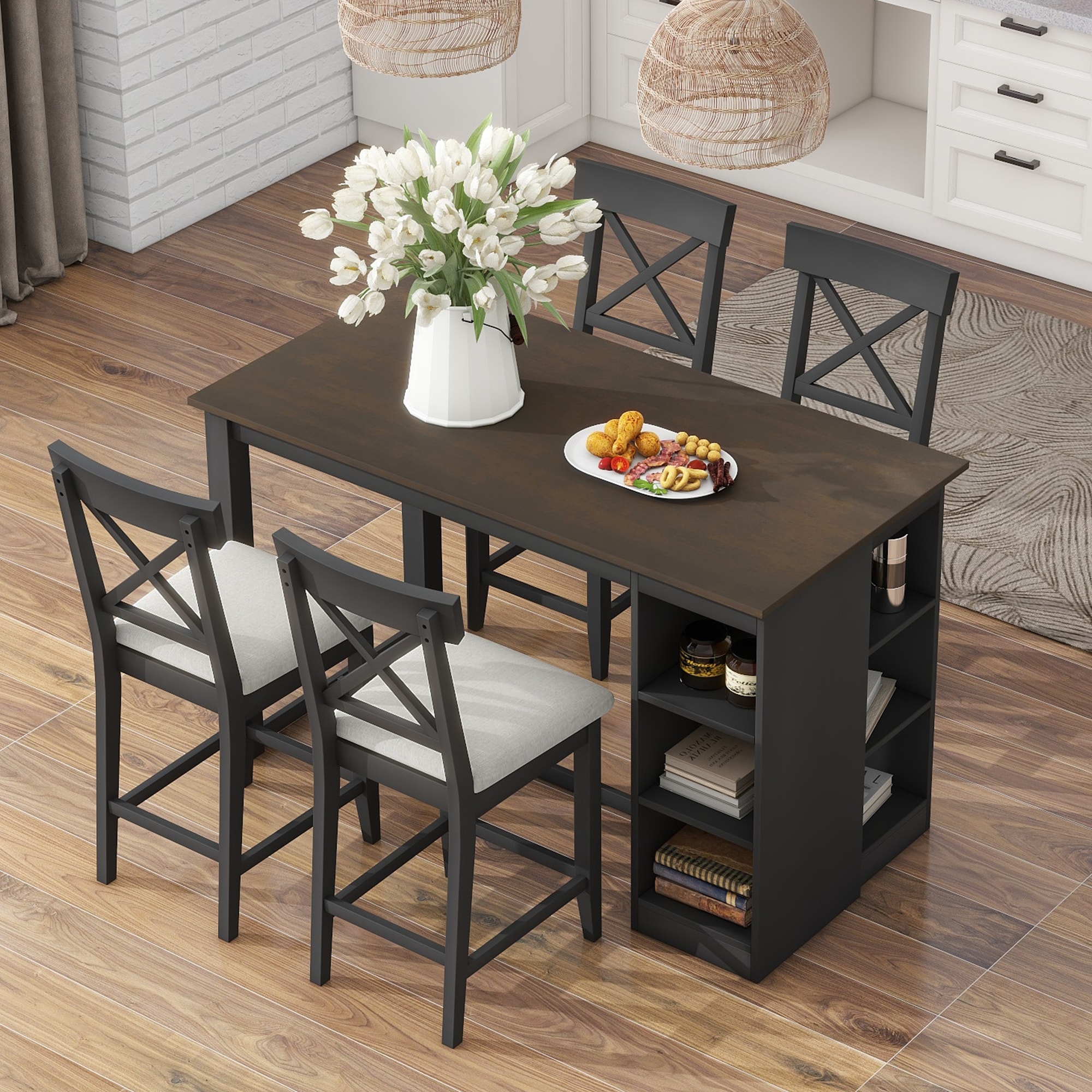 Solid Wood Counter Height Dining Table Set with Shelves Storage