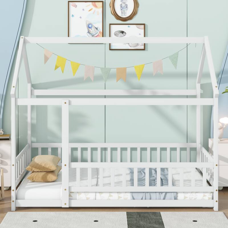 Twin Floor Bed with House Roof Frame, Safety Guardrails, and Fence Design - White - Twin