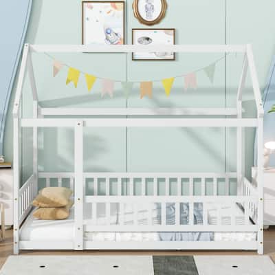 Twin Size Wooden Floor Bed with Roof Frame and Guardrails, Montessori Style Kids House Bed