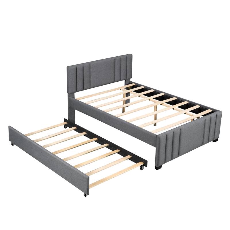 Roomfitters Full Upholstered Platform Bed with Pull-Out Trundle and Padded Frame for Guest Rooms, Grey