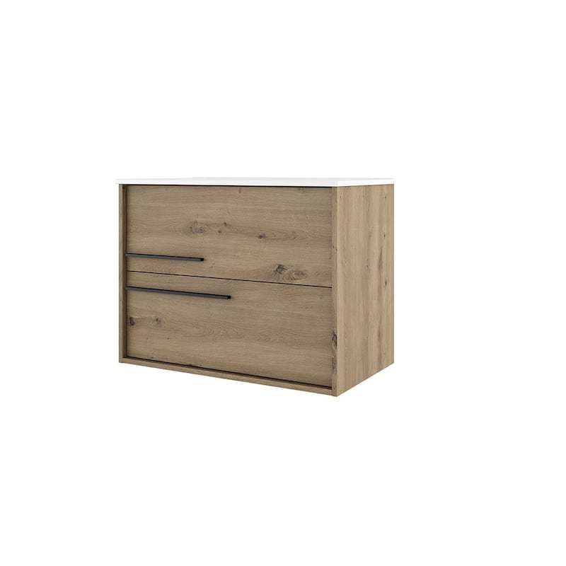 HomeRoots 32" Natural Wood Floating Bathroom Vanity With White Sink And Two Drawers - 32.00 in. x 24.60 in. x 21.60 in.