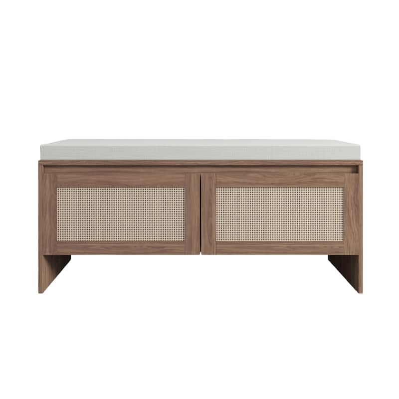 PP Rattan Storage Bench with Cushion, Faux Rattan Shoe Cabinet with 2 Doors, Mid-Century Modern Wood Entryway Seat