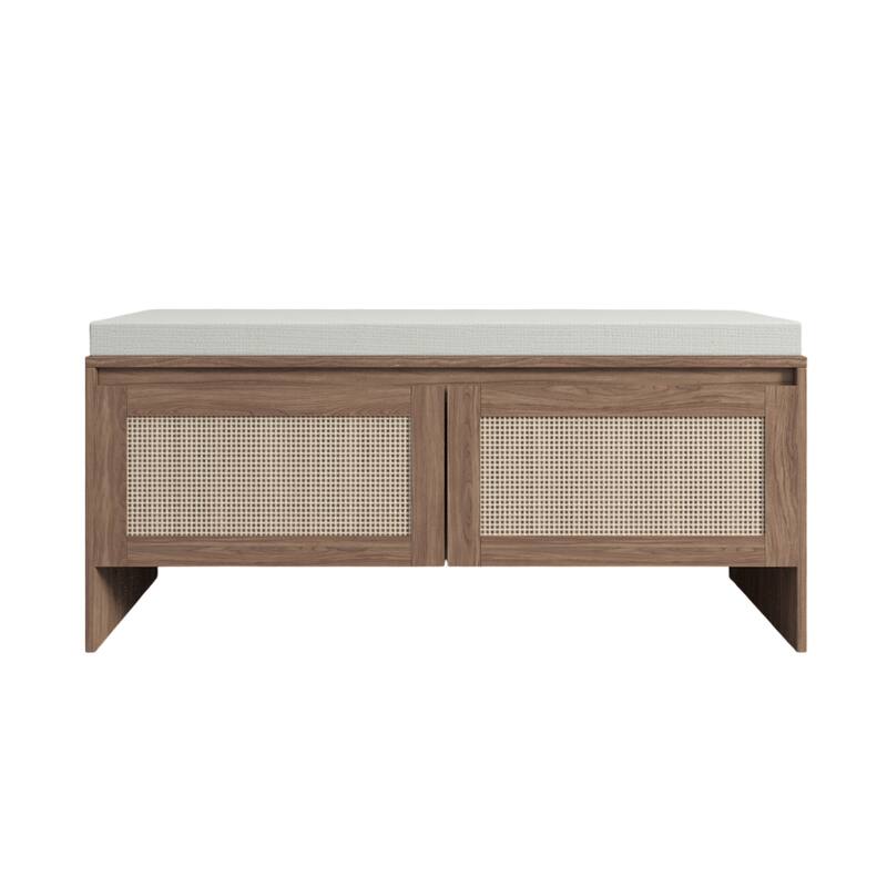 Rattan Storage Bench with Cushion,Faux Rattan Shoe Cabinet with 2 Doors,Mid-Century Modern Wood Entryway Seat,Natural Finish