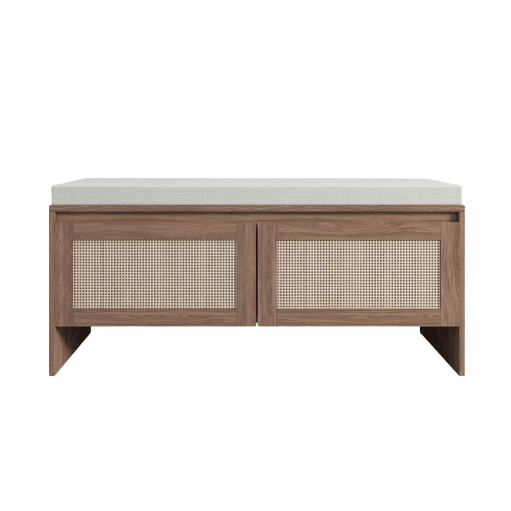 Rattan Storage Bench with Cushion,Faux Rattan Shoe Cabinet with 2 Doors,Mid-Century Modern Wood Entryway Seat,Natural Finish