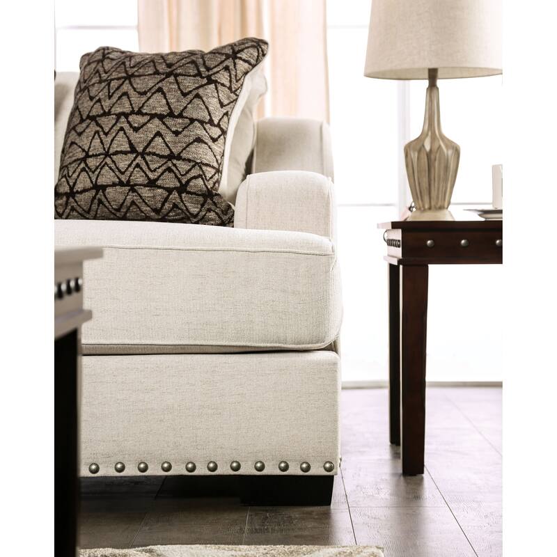 Davi Transitional Linen-like Padded Nailhead Trim Loveseat with Pillows by Furniture of America