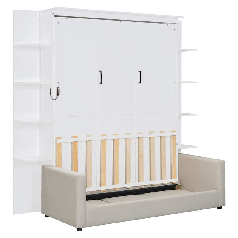 Queen Size Murphy Bed Sofa Sleep Storage 3 in 1 Folding Bed Multi-Functional LED Wall Bed for Studio Guest Room Sofa w/ Cushion