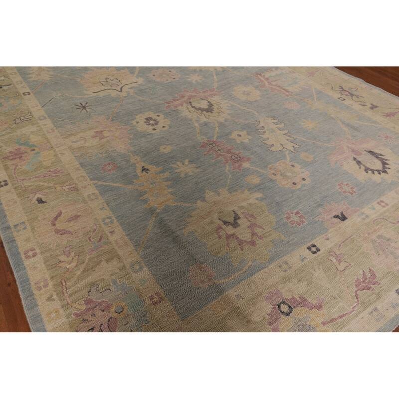 Light Blue Vegetable Dye Oushak Rug Hand-Knotted Turkish Wool Carpet - 9'0" x 11'9"