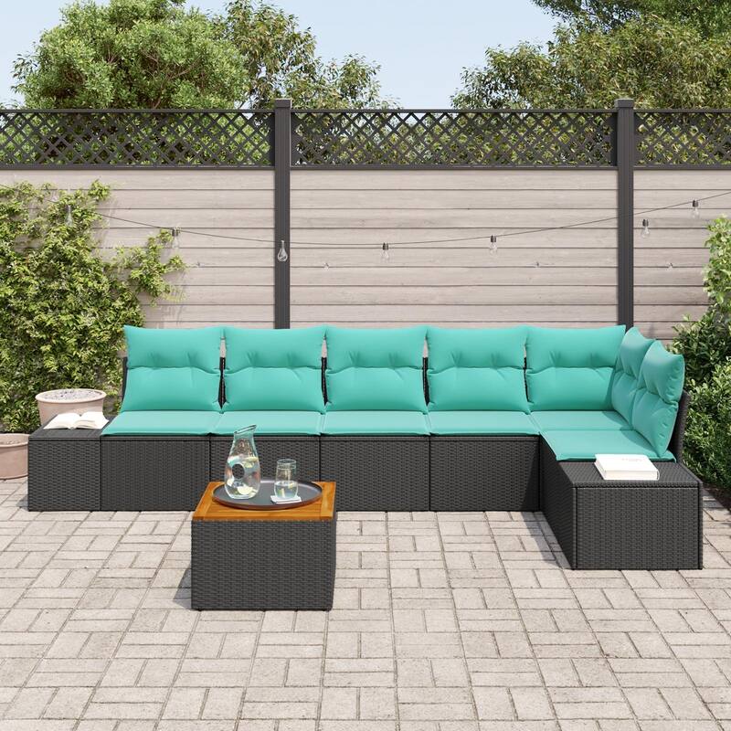 vidaXL 7 Garden Sofa Set with Cushions Black/Grey Poly Rattan - 125.6 x 60.6 x 27.2