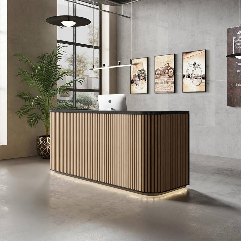 WESOME 70.87in Black Mid Century Curved Reception Desk with Outlet Cable Box LED Light