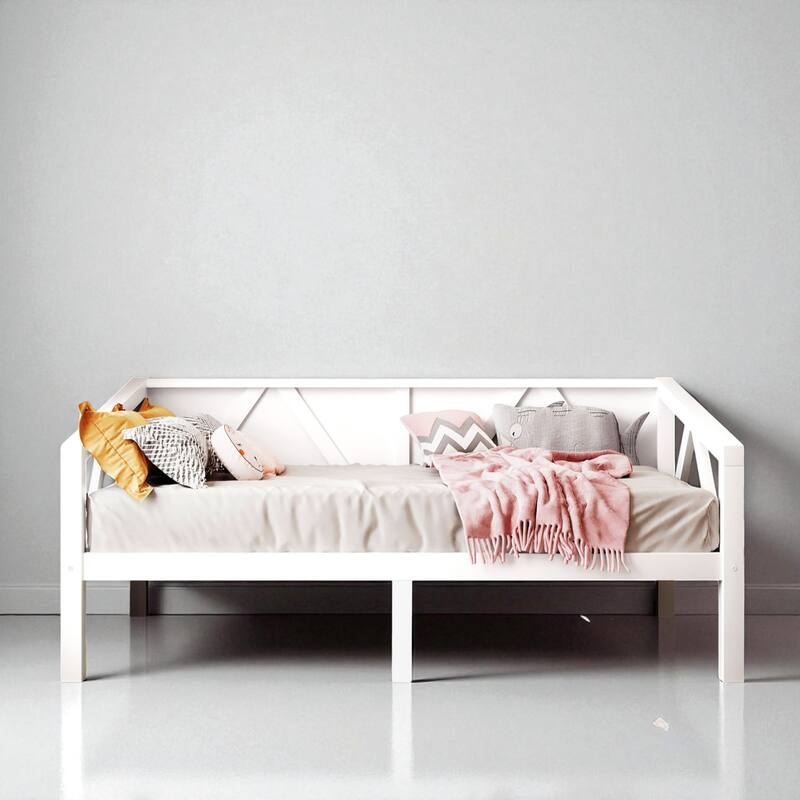 Twin/Full Size Wood Daybed Frame with Storage Space, Modern Sofa Bed with Backrest, No Box Spring Required - White - Twin