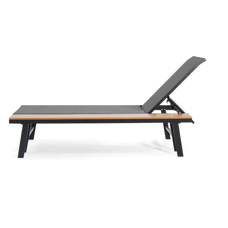 Roomfitters Waterloo Outdoor Aluminum Chaise Lounge with Attached Wood Side Table and Mesh Seat, Black