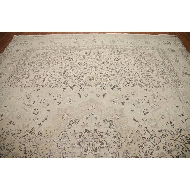Hand Knotted Oriental 100% Wool Carpet Traditional Floral Beige & Ivories Tabriz Area Rug - 12' 8'' X 9' 9''