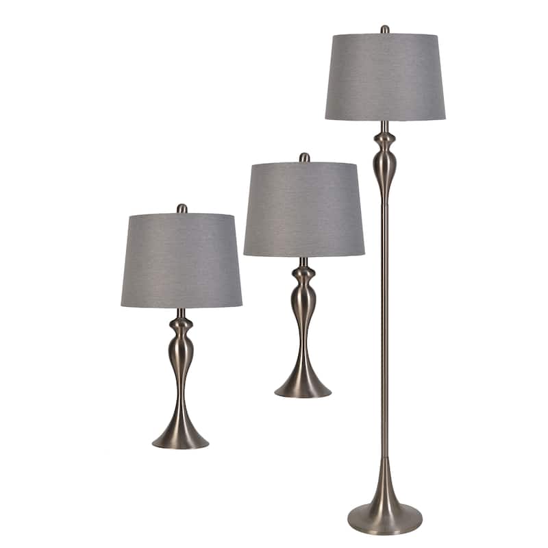 Braddock 3-Piece Floor and Table Lamp Set with Linen Shade, Brushed Steel - N/A - 60 to 100 Watts - Metallic/Silver - Brushed - Indoor - Linen - 3-way - Transitional/Glam/Modern & Contemporary - Empire/Round - 2 Table and 1 Floor Lamp