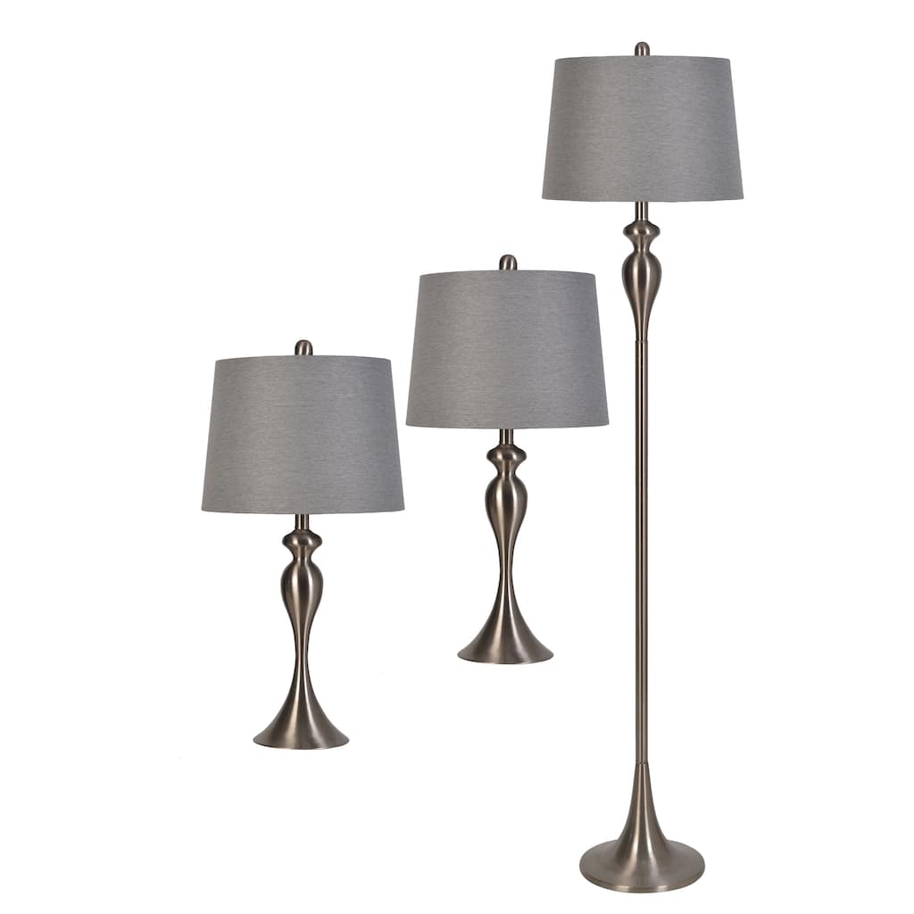 Braddock 3-Piece Floor and Table Lamp Set with Linen Shade, Brushed Steel - N/A