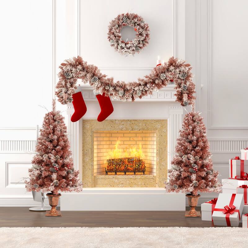 4-Pieces Set Artificial Christmas Tree Brown Needles with flocking, with Warm Lights - 7 Foot