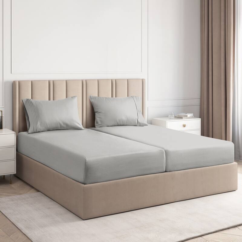 CGK Linens 4 Piece Solid Deep Pockets Microfiber, Easy-Fit Bed Sheet Set - Split King - Light Grey