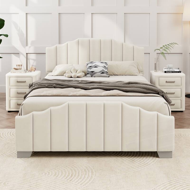 Velvet Upholstered Platform Bed Vertical Channel Tufted Headboard