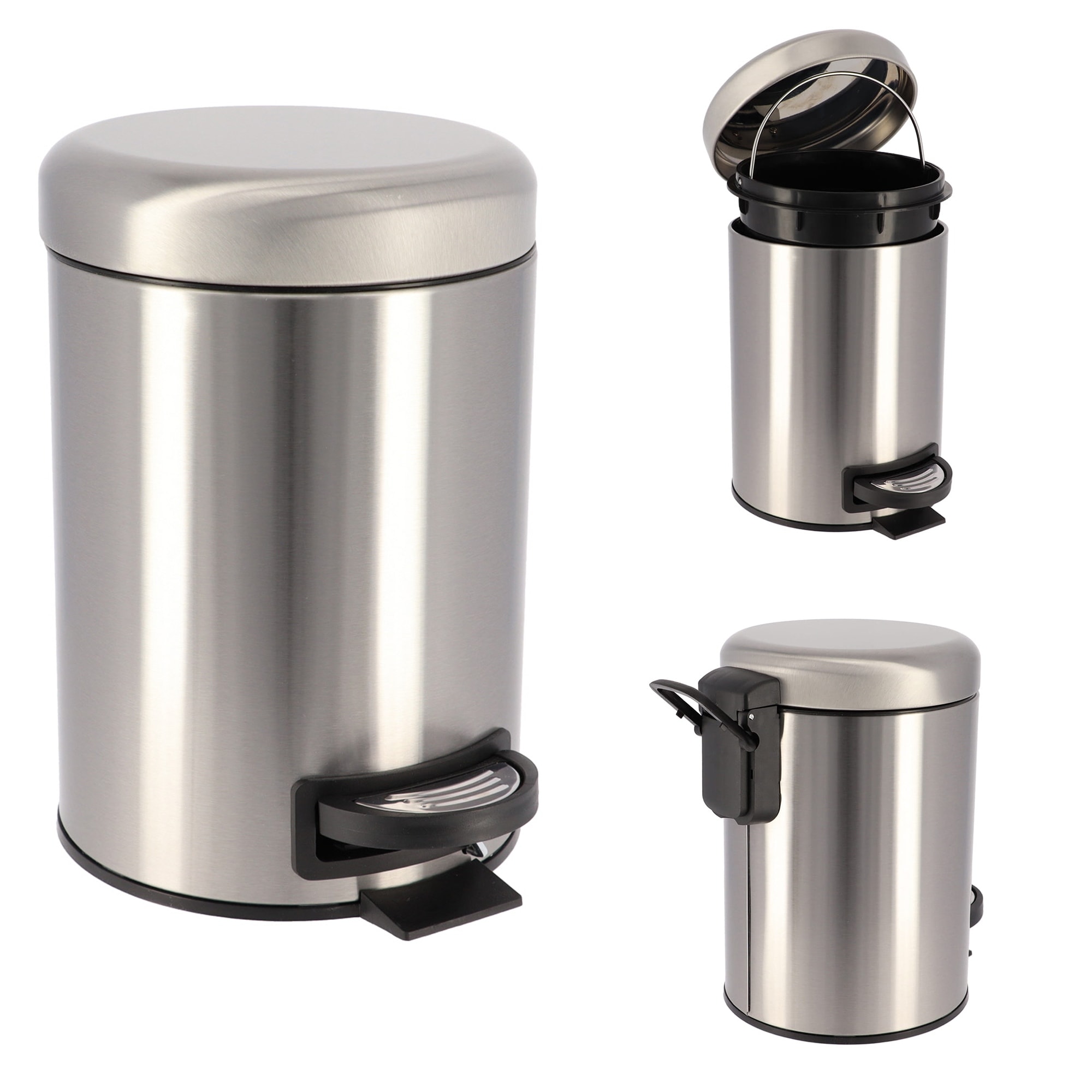 Evideco Soft Close Small Round Metal Bathroom Floor Step Trash Can Waste Bin 3-liters/0.8-gal Steel