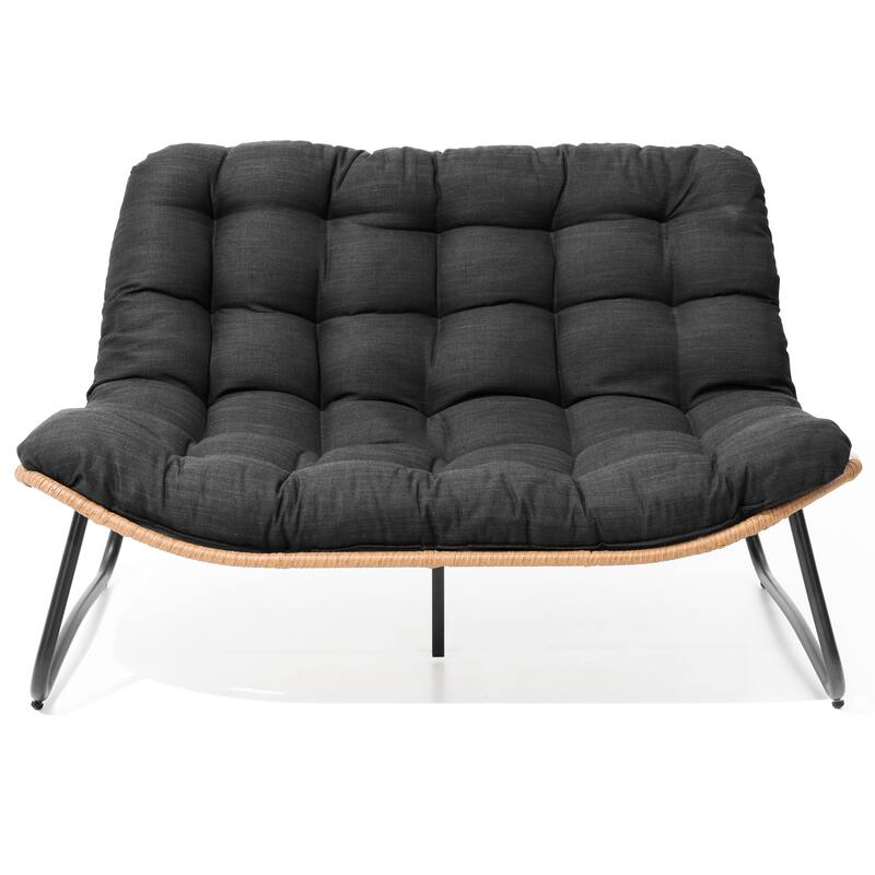 Outdoor Double Papasan Chair Loveseat Oversized PE Rattan Chair with Cushion - Black