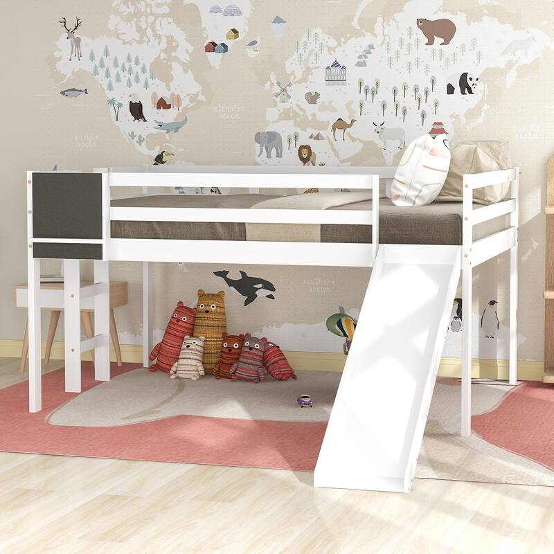 Full Toddler Low Loft Bed with Slide & Ladder, Pine Wood Bed Frame w