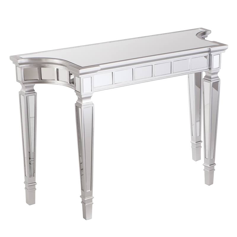 Silver Glass Free Form Console Table with Wood Base and Mirrored Top - 45” L x 16” W x 30” H - Silver
