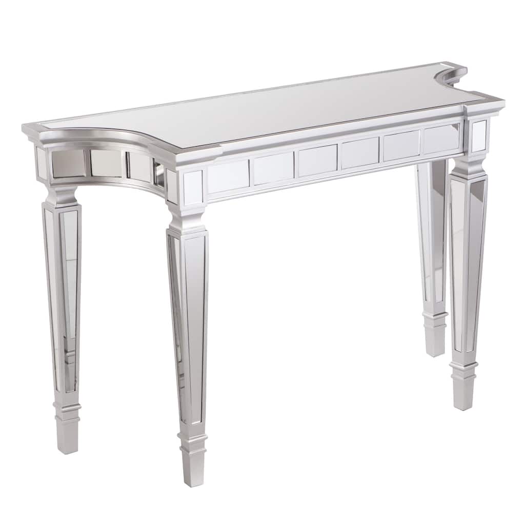 Silver Glass Free Form Console Table with Wood Base and Mirrored Top - 45” L x 16” W x 30” H