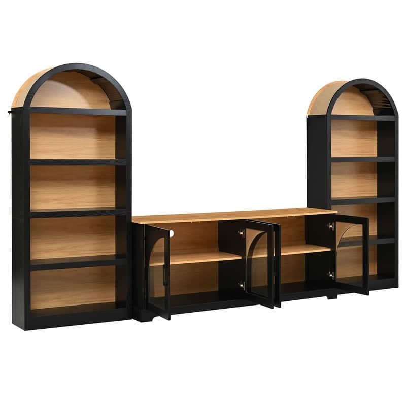 Farmhouse 3-Piece TV Stand Set for TVs Up to 70", Entertainment Center with Arched Sideboard and Glass Doors for Living Room