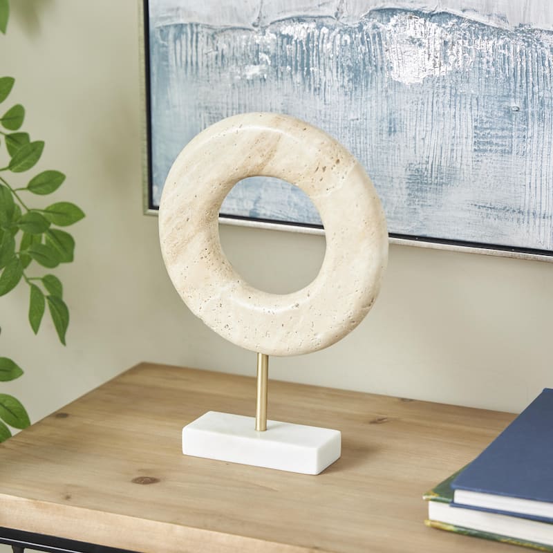 Cream Marble Textured Ring Geometric Decorative Sculpture with White Base and Gold Stand
