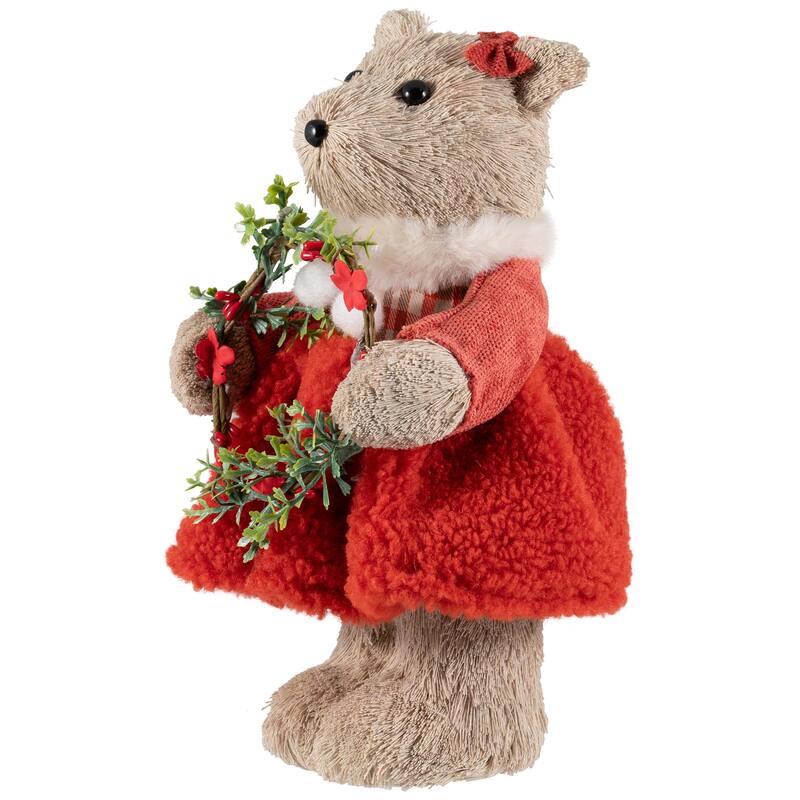 Woodland Girl Bear Holding Wreath Christmas Figure - 10"