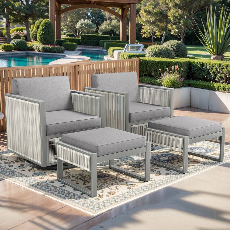 Pocassy 4-Piece Outdoor 5 Inch Swivel Chair with Ottoman - Light Grey Cushion - 4PCS Swivel Chairs with Ottoman