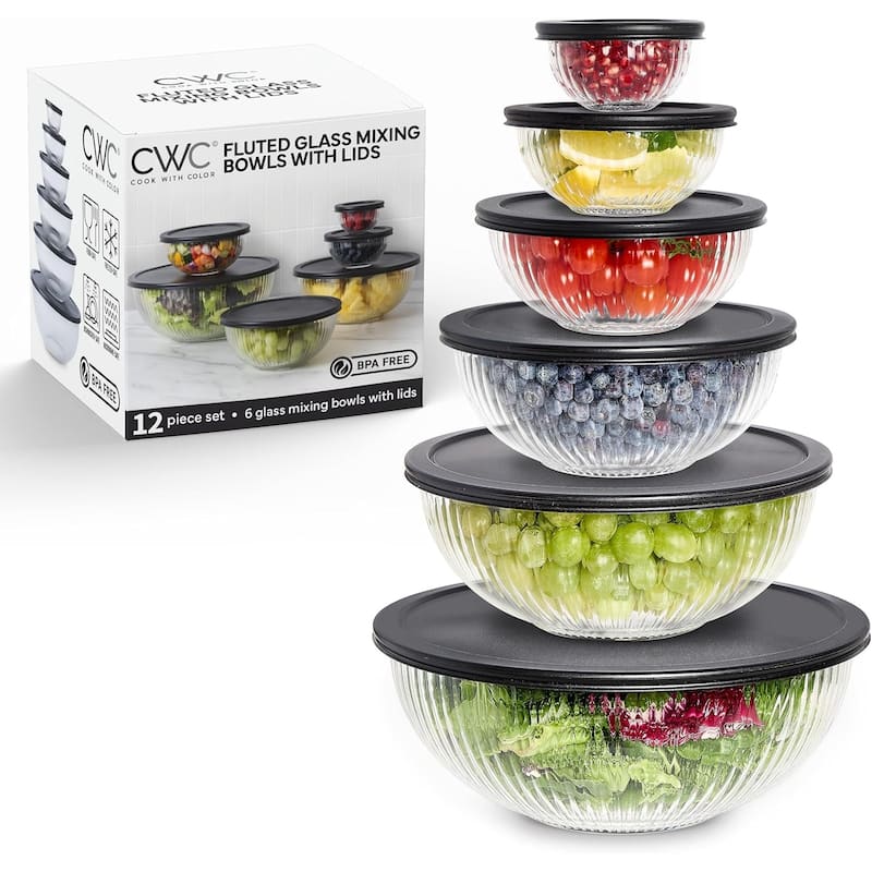 COOK WITH COLOR 12 Pc Glass Nesting Mixing Bowl Set with Lids for Cooking and Prep - Fluted Black