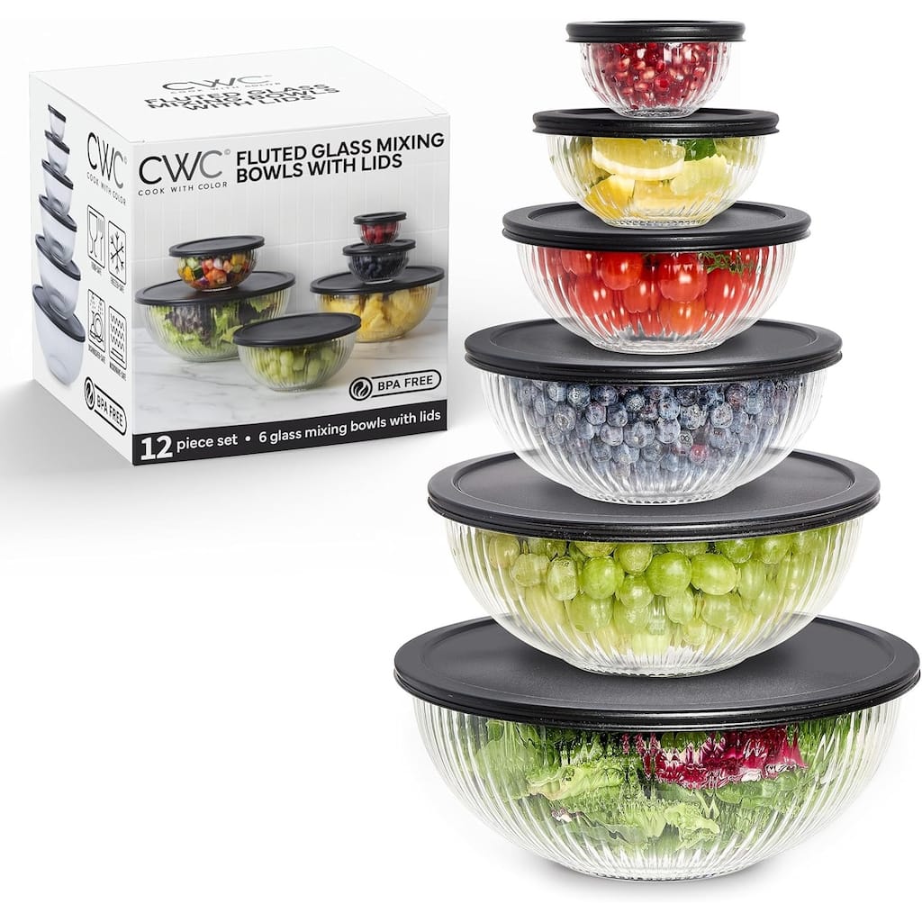 COOK WITH COLOR 12 Pc Glass Nesting Mixing Bowl Set with Lids for Cooking and Prep