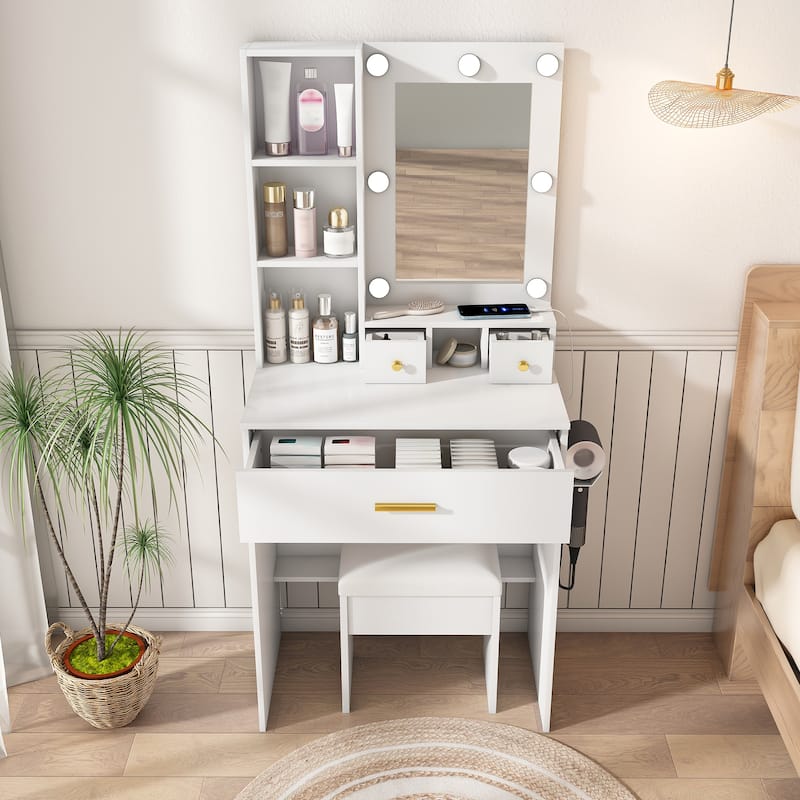 Vanity Desk with Mirror & LED Lights, Makeup Table with Power Outlet, Hairdryer Holder & Stool, Compact Dressing Table Set