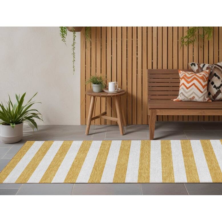 Almiro Stripe Weather Resistant Classic Meets Modern Outdoor Rug - 8' Runner - Gold