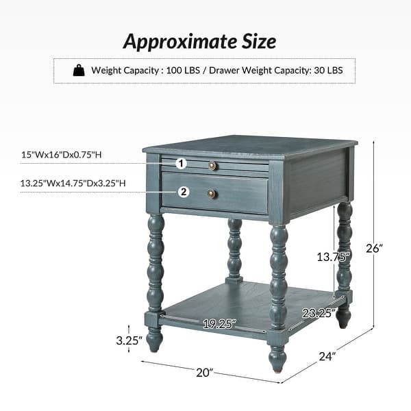 dimension image slide 3 of 5, HULALA HOME Eric Traditional 26" Tall Solid Wood End Table with Built-in Charging Station and Extendable Tray