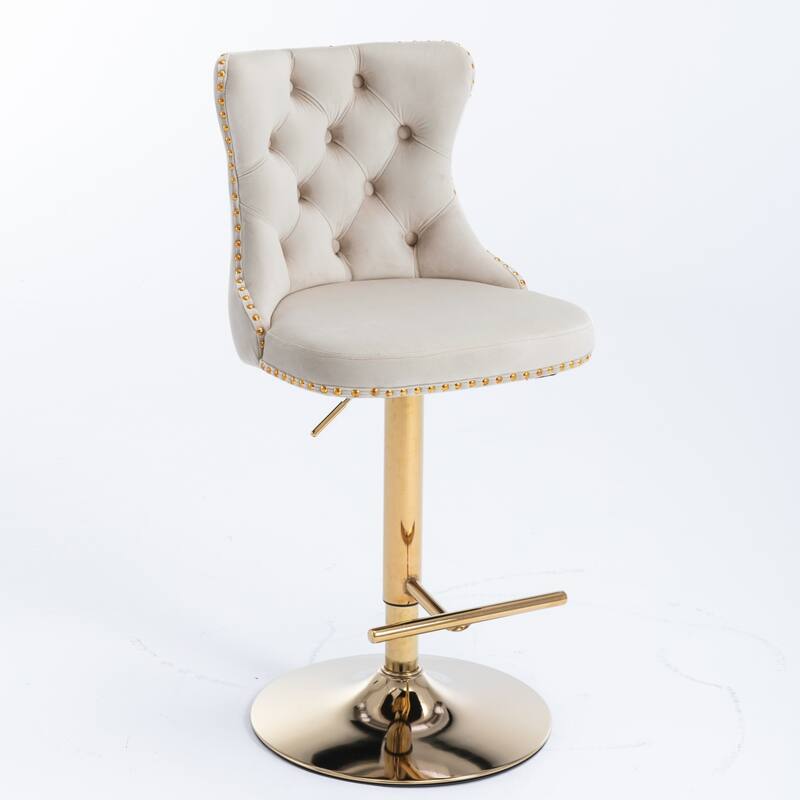Furniture Set of 2 Swivel Velvet Bar Stools with Golden Base, Tufted Back & Adjustable Height 25-33" - Beige