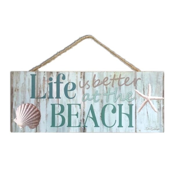 Blue and Cream White Shell Printed Rectangular Wall Sign with Rope Hanger 4" x 10" - N/A