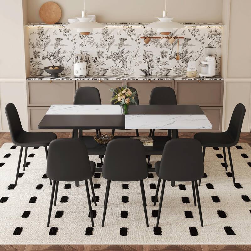 Dining Table with Storage, Scratch-Resistant MDF White & Black Top, Linen-Cotton Chairs, Iron Pipe Spraying Legs
