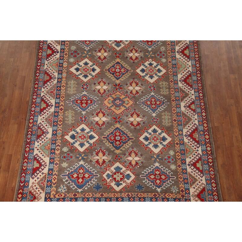 Geometric Brown Kazak Area Rug Handmade Wool Carpet - 6'7" x 9'10"
