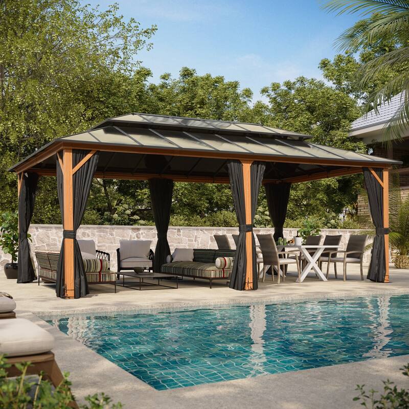 EROMMY Outdoor Wood Gazebo with Double Polycarbonate Roof, Heavy Duty Backyard Patio Pergola Canopy for Garden Shade - 12x20Prime - Aluminum Frame