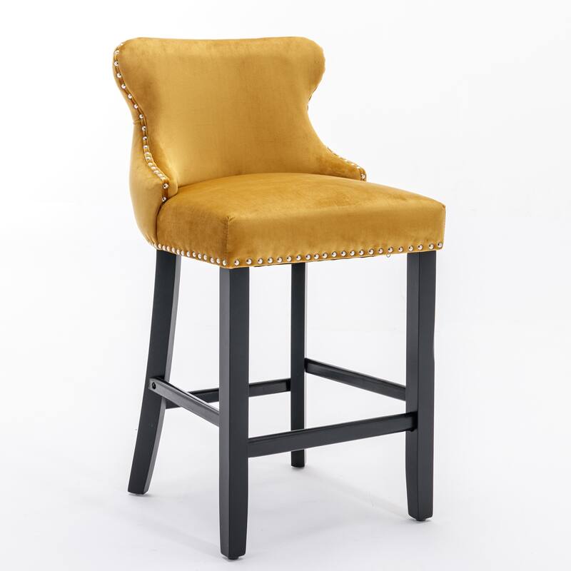 Counter Height Bar Stools Set of 4 w/ Button Tufted Backrest, 26.7" Velvet Upholstered Counter Bar Chairs w/Chrome Nailhead Trim