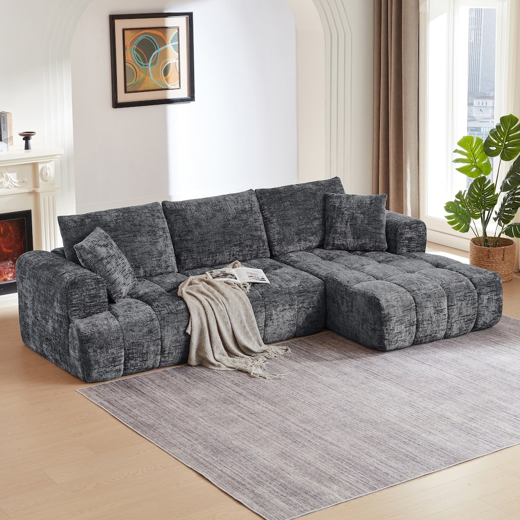 L-Shape Sectional Sofa with Chaise Lounge, Oversized Chenille Upholstered 4 Seater Sofa, Compressed Sofa with Throw Pillows