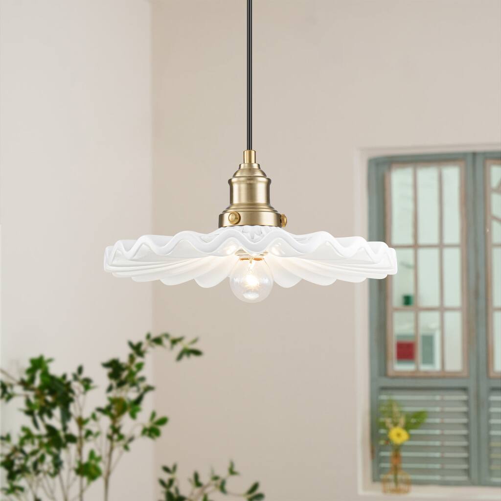 1-Light Modern Transitional Metal & Ceramic Pendant with Ruffled Wave-Edge Shade for Dining Room - 11.8" W x 5.5" H