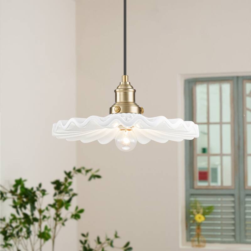 1-Light Modern Transitional Metal & Ceramic Pendant with Ruffled Wave-Edge Shade for Dining Room - 11.8" W x 5.5" H - 11.8" W x 5.5" H - Gold/White