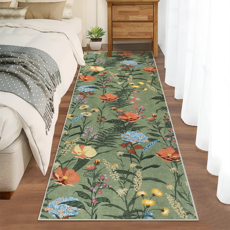 Modern Living Room Rugs Floral Rustic Area Rug Soft Foldable Accent Rug Low Pile Non-Slip Rug for Dining Room Office